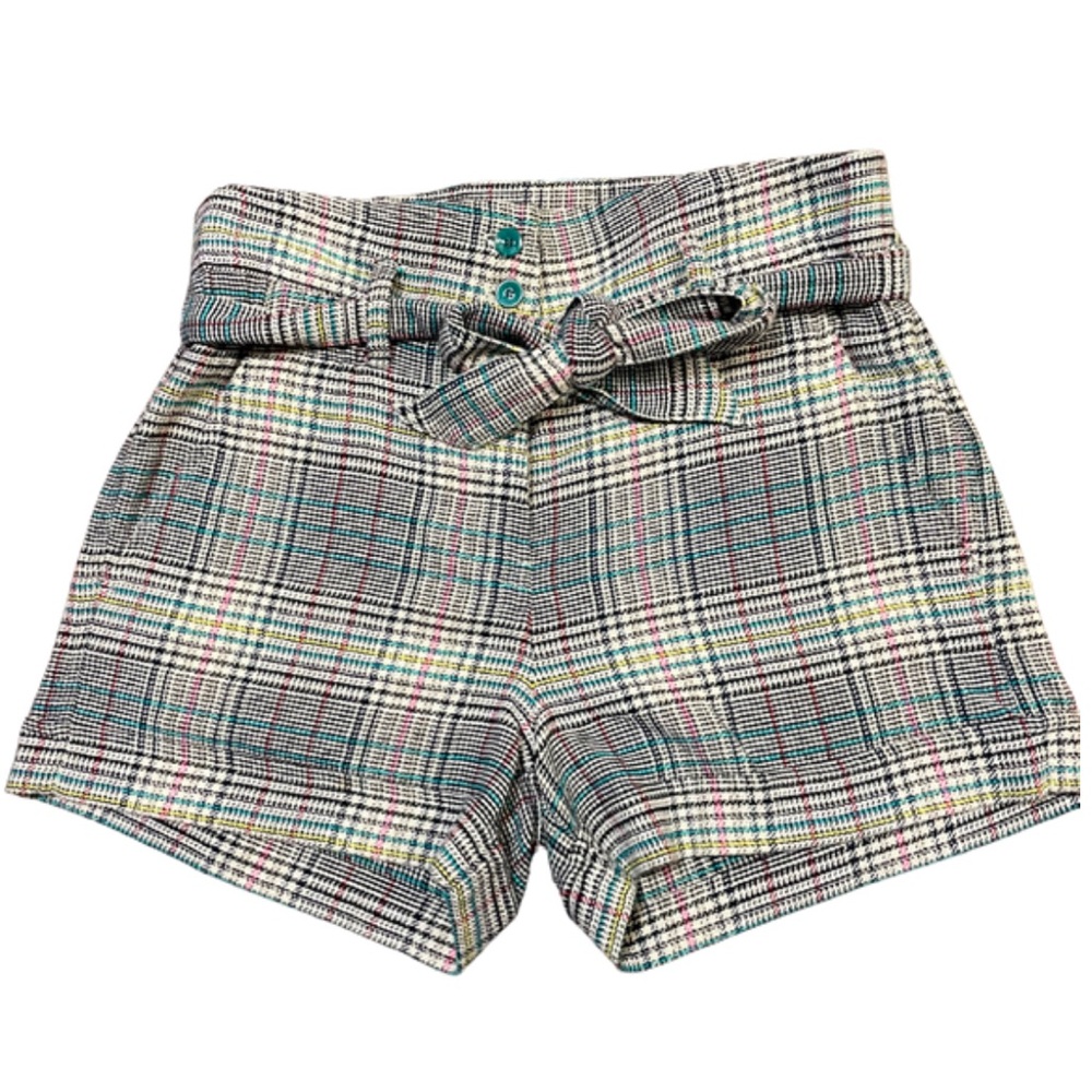 SESSÙN Multicolor Plaid Belt Tie Buttons & Zip HighRise Cuffed-Hem Shorts Sz 34
